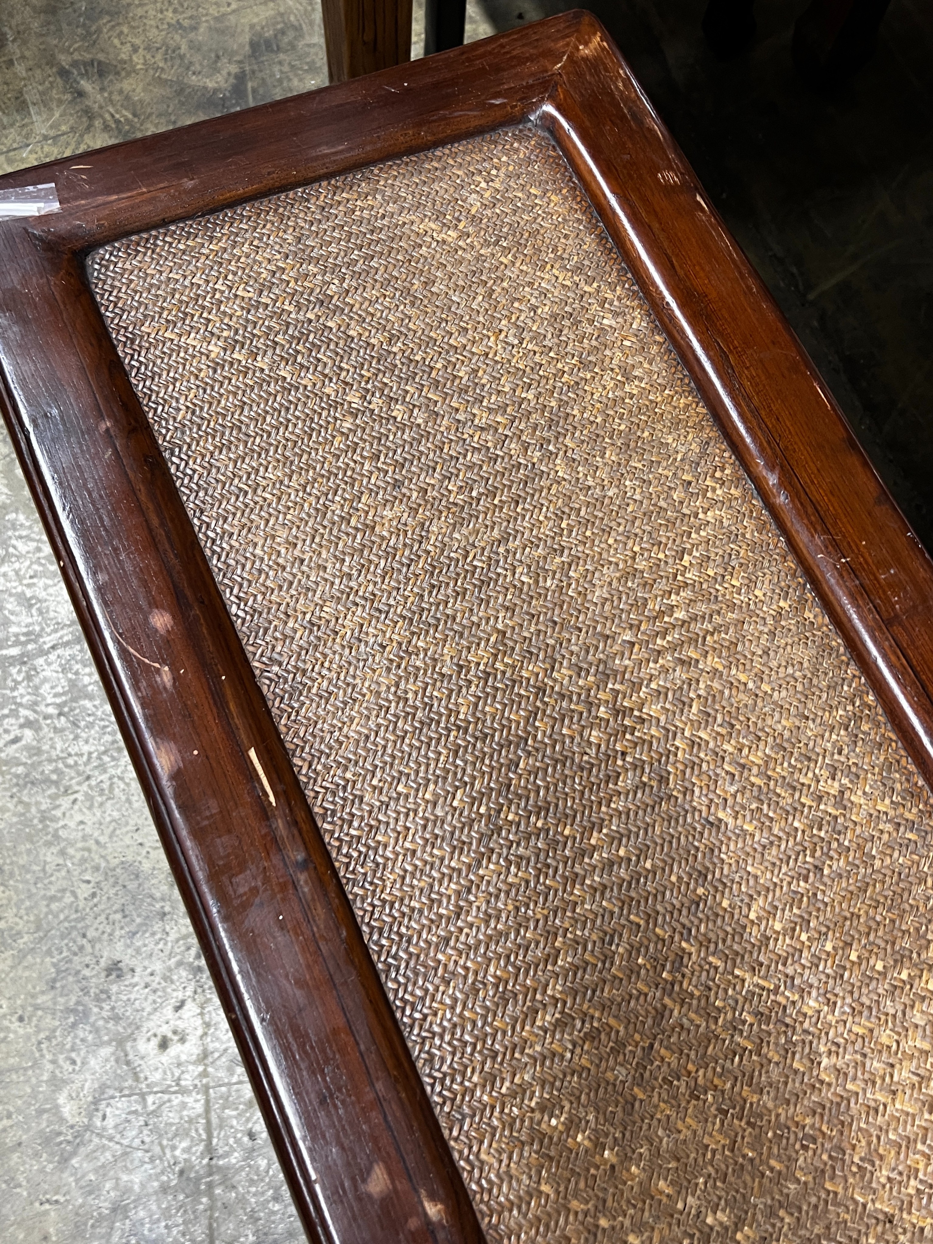 A Chinese caned hardwood rectangular low table, length 110cm, depth 38cm, height 48cm